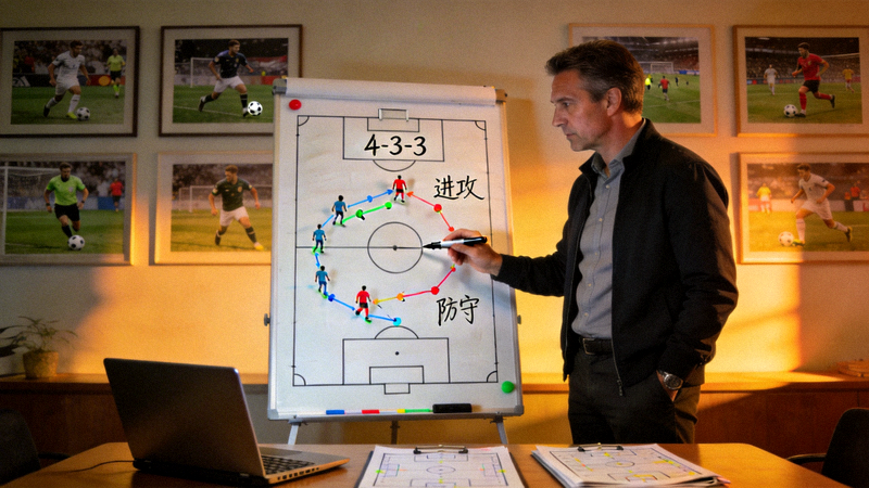 足球战术分析视频，教练在战术板上讲解